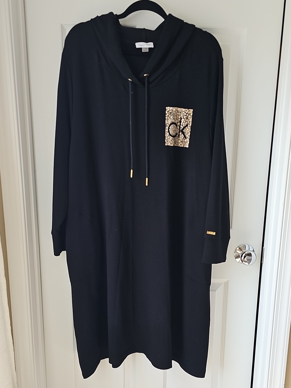 Calvin Klein Black Hoodie Dress with Gold Sequin CK Patch